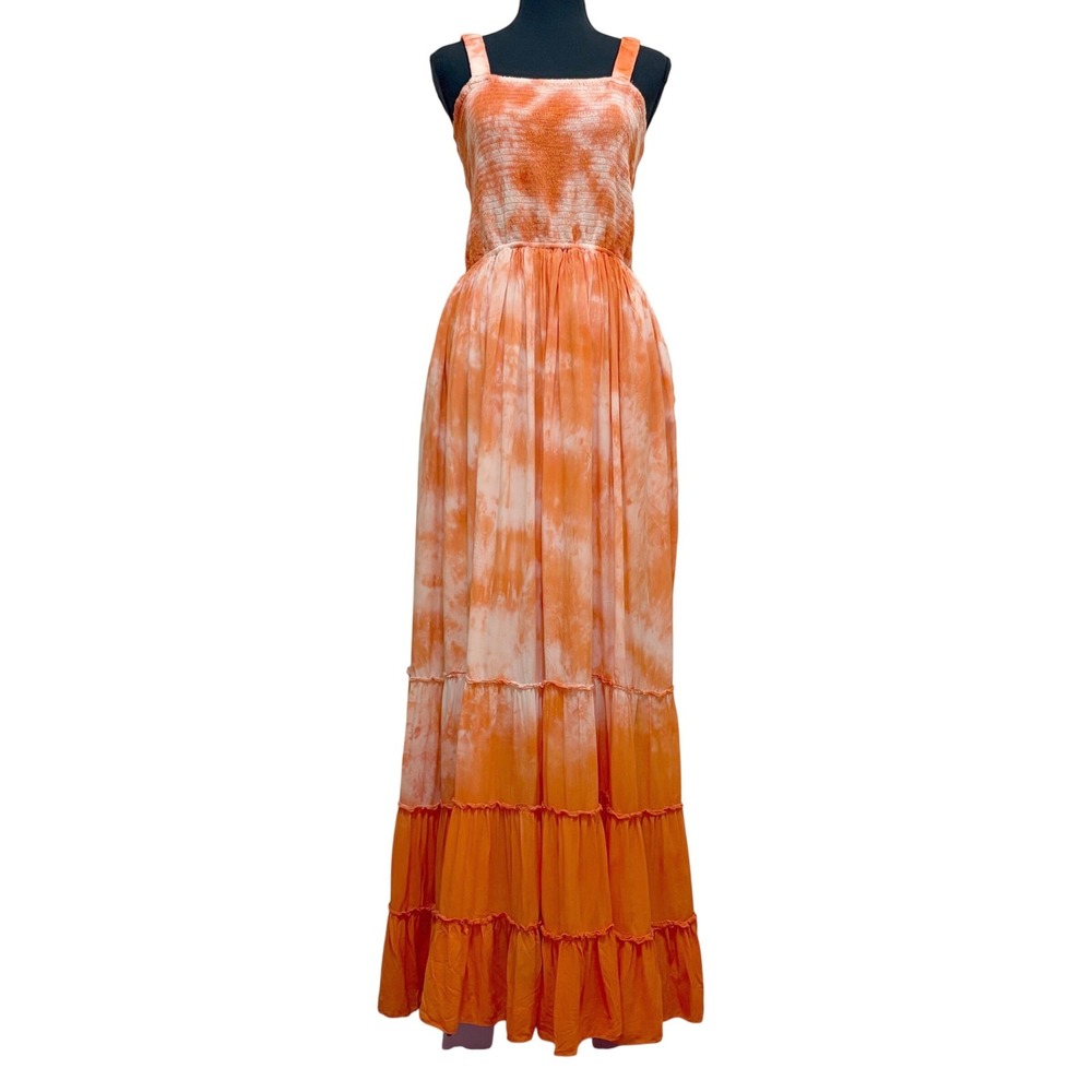NEW White Mark Tiered‎ Maxi Dress Orange Tie Dye 2X Smocked Boho Festival Hippie